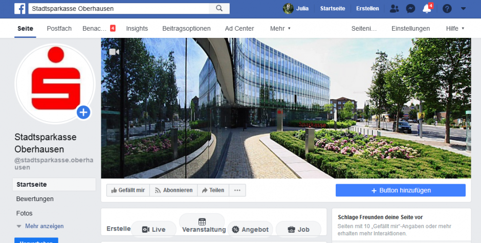 Wir starten bei Facebook – Die Stadtsparkasse Oberhausen betreibt eine eigene Unternehmenspräsenz auf der Social Media Plattform